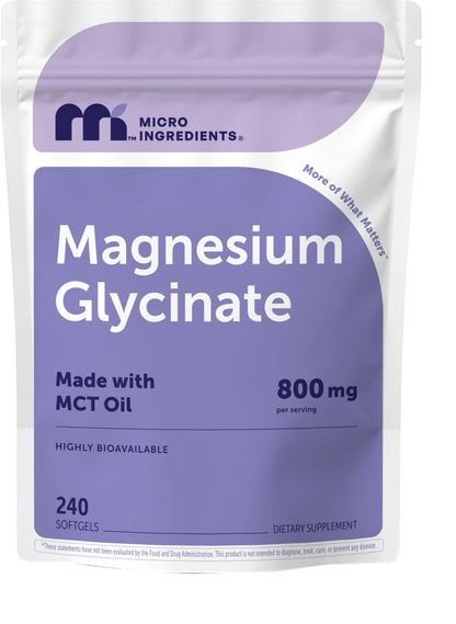 Micro Ingredients Magnesium Glycinat 800 mg pro Portion, 240 Weichkapseln | Chelat-Magnesium mit MCT-Öl | Non-GMO, Glutenfrei, Ohne Soja