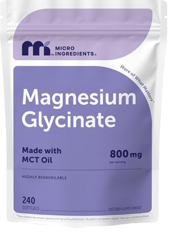 Micro Ingredients Magnesium Glycinat 800 mg pro Portion, 240 Weichkapseln | Chelat-Magnesium mit MCT-Öl | Non-GMO, Glutenfrei, Ohne Soja