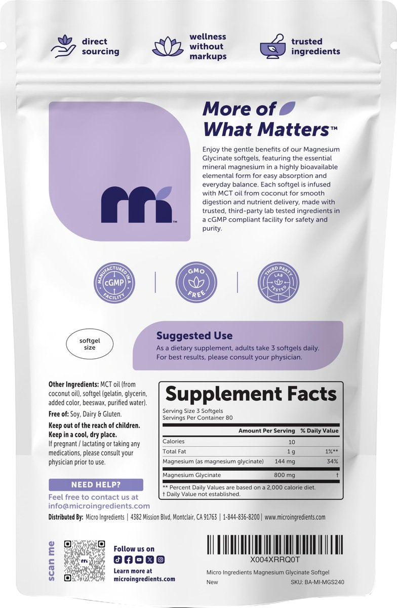 Micro Ingredients Magnesium Glycinat 800 mg pro Portion, 240 Weichkapseln | Chelat-Magnesium mit MCT-Öl | Non-GMO, Glutenfrei, Ohne Soja