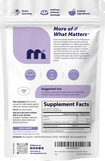 Micro Ingredients Magnesium Glycinat 800 mg pro Portion, 240 Weichkapseln | Chelat-Magnesium mit MCT-Öl | Non-GMO, Glutenfrei, Ohne Soja