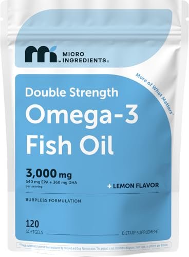 Micro Ingredients Omega 3 Fischöl Kapseln 3.000 mg pro Portion, 120 Softgels – Zitronengeschmack – ohne Aufstoßen – EPA 540 mg + DHA 360 mg – Tiefseefisch