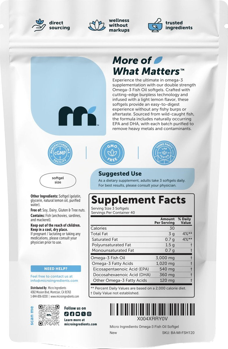 Micro Ingredients Omega 3 Fischöl Kapseln 3.000 mg pro Portion, 120 Softgels – Zitronengeschmack – ohne Aufstoßen – EPA 540 mg + DHA 360 mg – Tiefseefisch