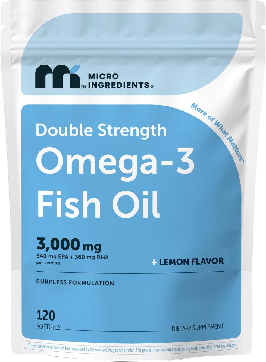 Micro Ingredients Omega 3 Fischöl Kapseln 3.000 mg pro Portion, 120 Softgels – Zitronengeschmack – ohne Aufstoßen – EPA 540 mg + DHA 360 mg – Tiefseefisch