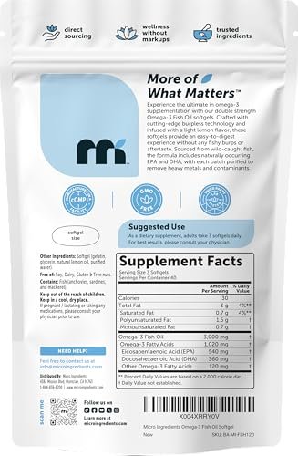 Micro Ingredients Omega 3 Fischöl Kapseln 3.000 mg pro Portion, 120 Softgels – Zitronengeschmack – ohne Aufstoßen – EPA 540 mg + DHA 360 mg – Tiefseefisch