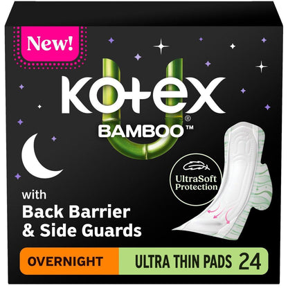 Kotex Bamboo Ultra Dünne Nachtbinden mit Flügeln, 24 Stück (Verpackung kann variieren)