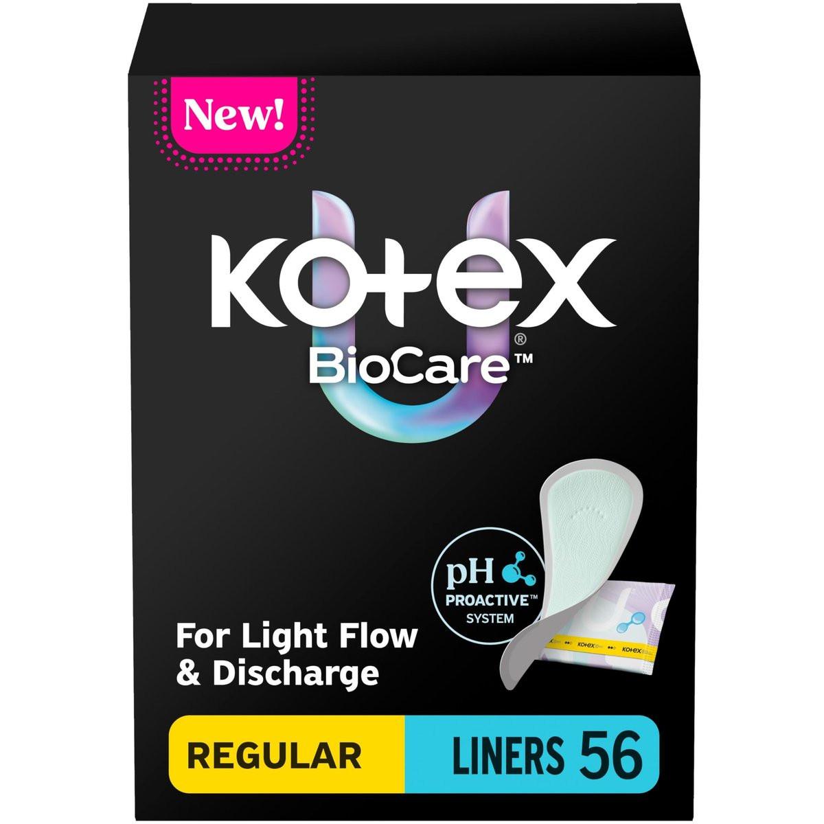 Kotex BioCare Tägliche Slipeinlagen, einzeln verpackt, leichte Saugfähigkeit, normale Länge, 56 Stück (Verpackung kann variieren)