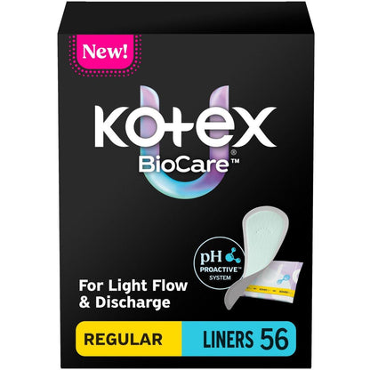 Kotex BioCare Tägliche Slipeinlagen, einzeln verpackt, leichte Saugfähigkeit, normale Länge, 56 Stück (Verpackung kann variieren)
