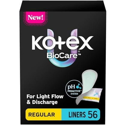 Kotex BioCare Tägliche Slipeinlagen, einzeln verpackt, leichte Saugfähigkeit, normale Länge, 56 Stück (Verpackung kann variieren)