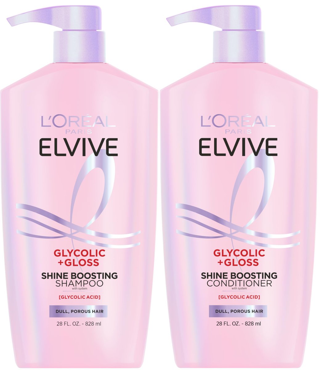 L'Oreal Paris Elvive Glycolic + Gloss Shine Boosting Shampoo und Conditioner Set – für glänzendes, geschmeidiges Haar (13,5 Fl Oz je Flasche, 2er-Pack)