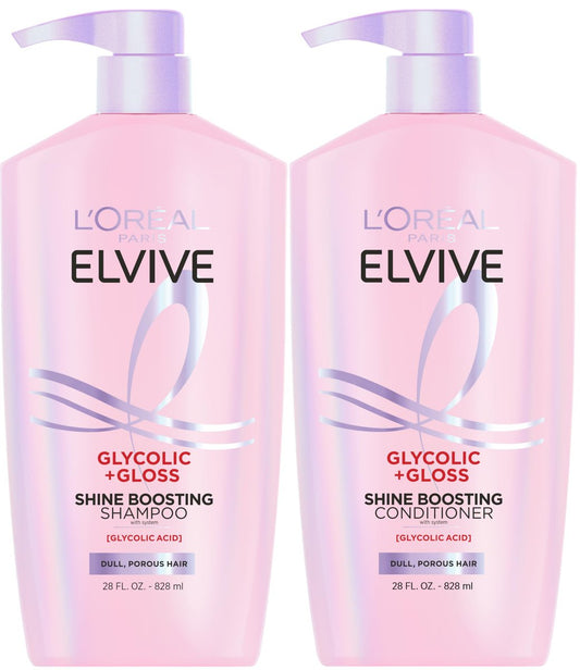 L'Oreal Paris Elvive Glycolic + Gloss Shine Boosting Shampoo und Conditioner Set – für glänzendes, geschmeidiges Haar (13,5 Fl Oz je Flasche, 2er-Pack)