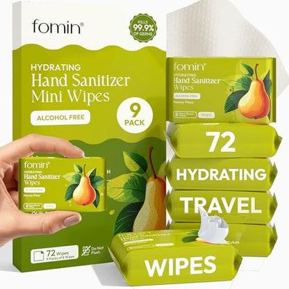 Fomin Mini Hand Sanitizer Tücher 9er Pack (8 Stück) - Honig Birne Mini Feuchttücher - pH-ausgeglichen, biologisch abbaubar, antibakterielle Handdesinfektionstücher für unterwegs - hypoallergen, pflanzlich