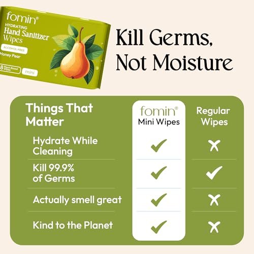 Fomin Mini Hand Sanitizer Tücher 9er Pack (8 Stück) - Honig Birne Mini Feuchttücher - pH-ausgeglichen, biologisch abbaubar, antibakterielle Handdesinfektionstücher für unterwegs - hypoallergen, pflanzlich