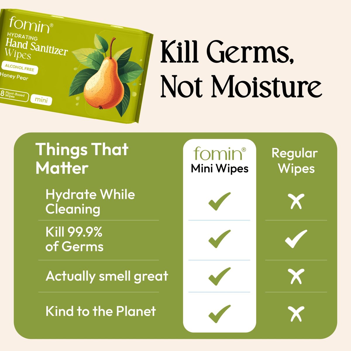 Fomin Mini Hand Sanitizer Tücher 9er Pack (8 Stück) - Honig Birne Mini Feuchttücher - pH-ausgeglichen, biologisch abbaubar, antibakterielle Handdesinfektionstücher für unterwegs - hypoallergen, pflanzlich
