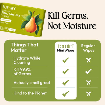 Fomin Mini Hand Sanitizer Tücher 9er Pack (8 Stück) - Honig Birne Mini Feuchttücher - pH-ausgeglichen, biologisch abbaubar, antibakterielle Handdesinfektionstücher für unterwegs - hypoallergen, pflanzlich