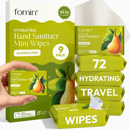 Fomin Mini Hand Sanitizer Tücher 9er Pack (8 Stück) - Honig Birne Mini Feuchttücher - pH-ausgeglichen, biologisch abbaubar, antibakterielle Handdesinfektionstücher für unterwegs - hypoallergen, pflanzlich