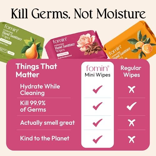 Fomin Mini Hand Sanitizer Tücher 9er-Pack (8 Stück) - Variety Pack Mini-Feuchttücher - pH-ausgeglichen, biologisch abbaubar, antibakteriell unterwegs - hypoallergen, pflanzlich