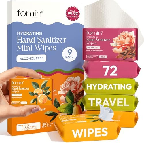 Fomin Mini Hand Sanitizer Tücher 9er-Pack (8 Stück) - Variety Pack Mini-Feuchttücher - pH-ausgeglichen, biologisch abbaubar, antibakteriell unterwegs - hypoallergen, pflanzlich