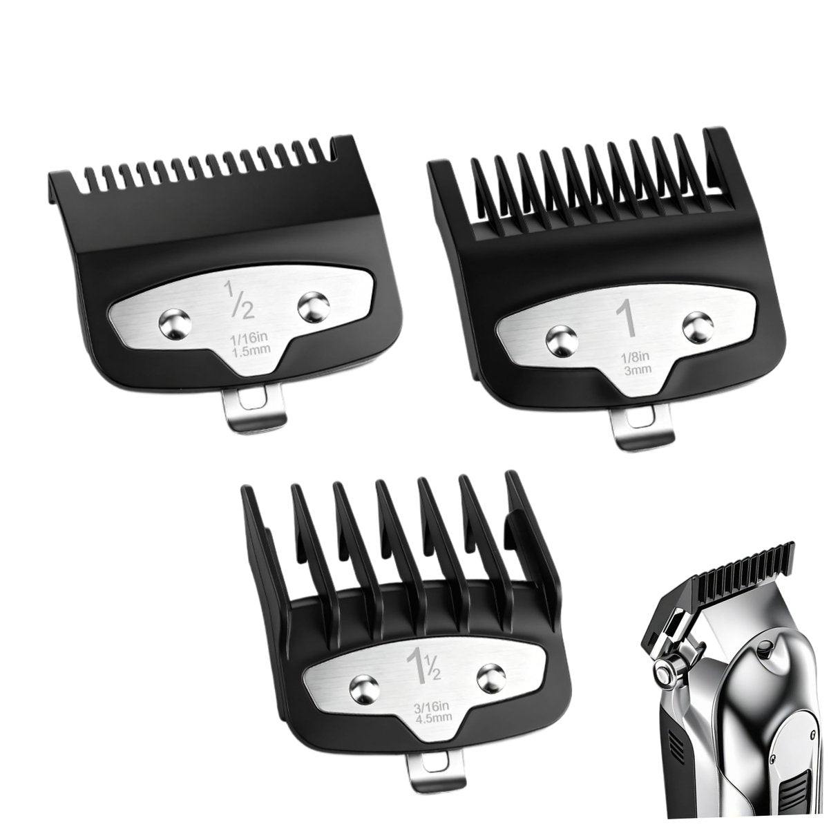 3-teiliger Clipper-Aufsatz-Set, Schwarz, Professioneller Haarschneidekamm-Aufsatz kompatibel mit den meisten Wahl-Clippern (1,5 mm/3 mm/4,5 mm), Präziser Schnitt bis 1 Zoll, Schwarz/Silber