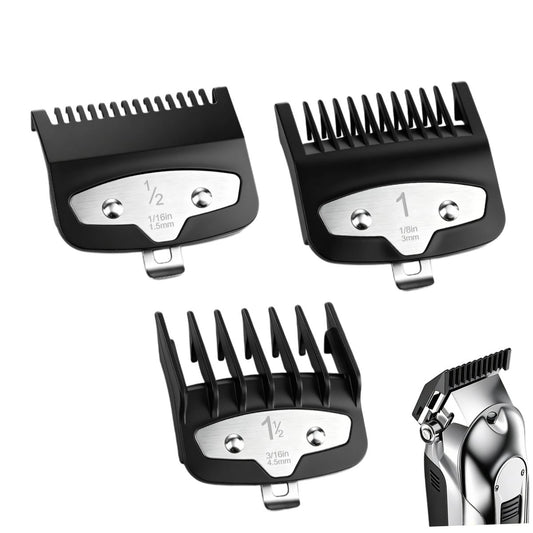 3-teiliger Clipper-Aufsatz-Set, Schwarz, Professioneller Haarschneidekamm-Aufsatz kompatibel mit den meisten Wahl-Clippern (1,5 mm/3 mm/4,5 mm), Präziser Schnitt bis 1 Zoll, Schwarz/Silber