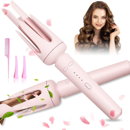 Auto Hair Curler mit 3 Temperatureinstellungen – Automatischer Lockenstab für langes Haar mit Anti-Verbrühung und Anti-Verdrehung, rotierender Lockenwickler, Rosa