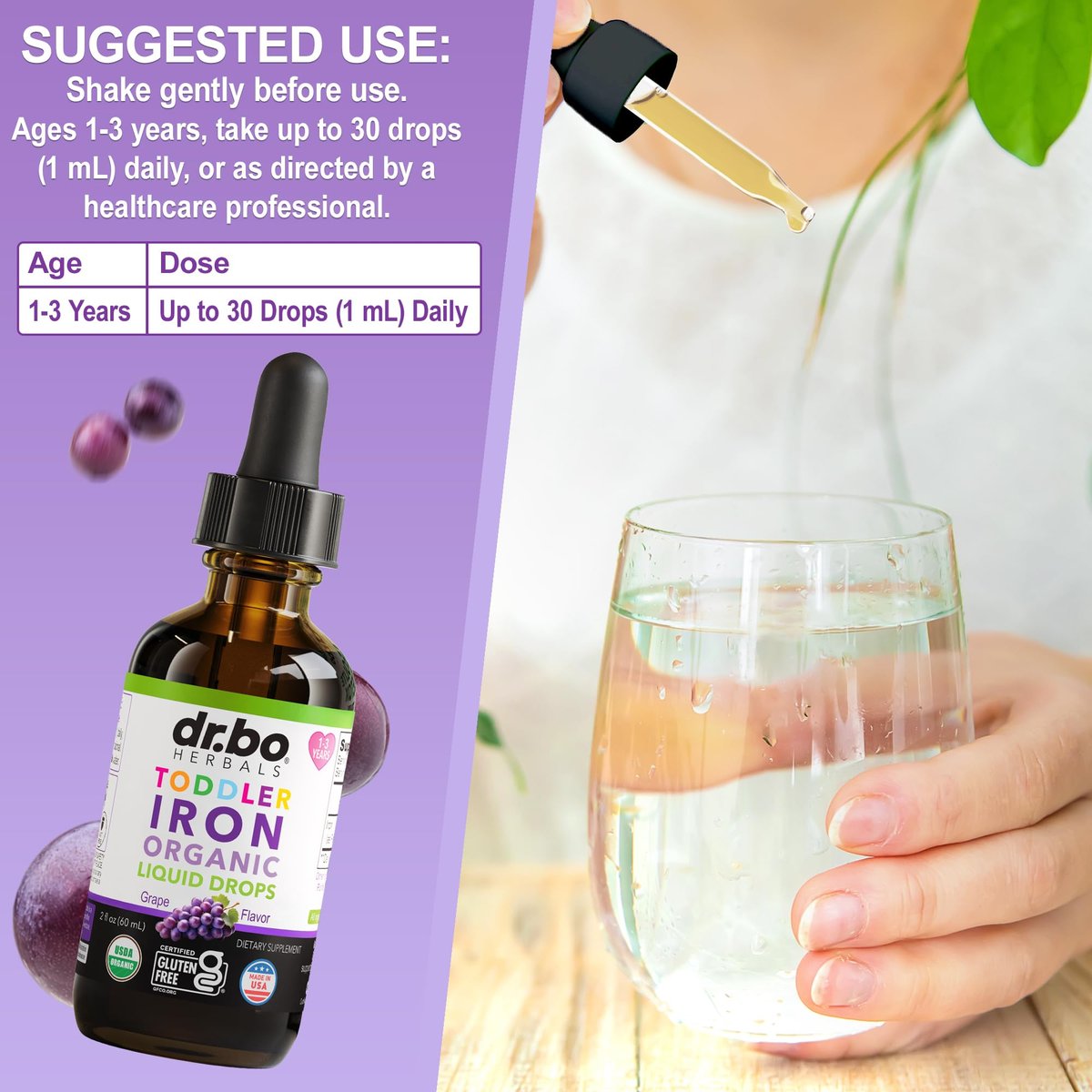 Bio-Eisen-Tropfen für Kleinkinder & Kinder – Organisches flüssiges Eisen für Kinder, Kleinkinder, Babys & Säuglinge – Vegan, glutenfrei, nicht gentechnisch verändert – 60 ml