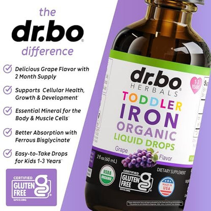 Bio-Eisen-Tropfen für Kleinkinder & Kinder – Organisches flüssiges Eisen für Kinder, Kleinkinder, Babys & Säuglinge – Vegan, glutenfrei, nicht gentechnisch verändert – 60 ml