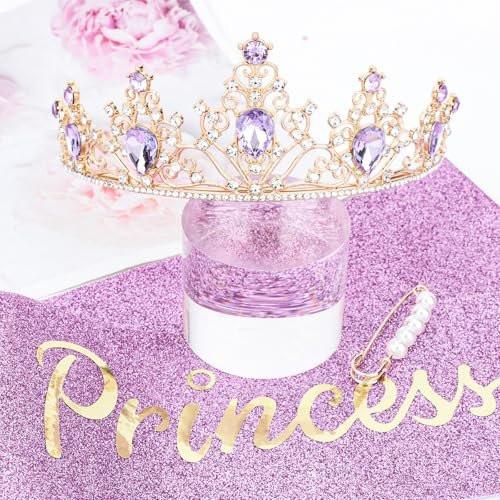 CURASA Lila und Gold Geburtstags-Prinzessinnenkrone und Schärpe für Frauen – Tiara und Haarschmuck zur Partydekoration