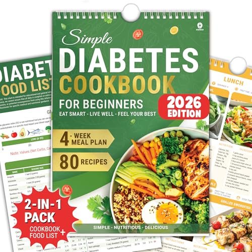 HAMIEW Diabetiker-Kochbuch für Anfänger – Einfach, Praktisch, Intelligent, Benutzerfreundlich – 4-Wochen-Ernährungsplan mit 80 Low-Carb-Rezepten, Typ-2-Diabetes-Lebensmitteltabelle, Einzigartiges Geschenk für Diabetiker