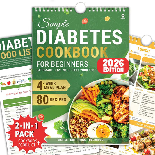 HAMIEW Diabetiker-Kochbuch für Anfänger – Einfach, Praktisch, Intelligent, Benutzerfreundlich – 4-Wochen-Ernährungsplan mit 80 Low-Carb-Rezepten, Typ-2-Diabetes-Lebensmitteltabelle, Einzigartiges Geschenk für Diabetiker