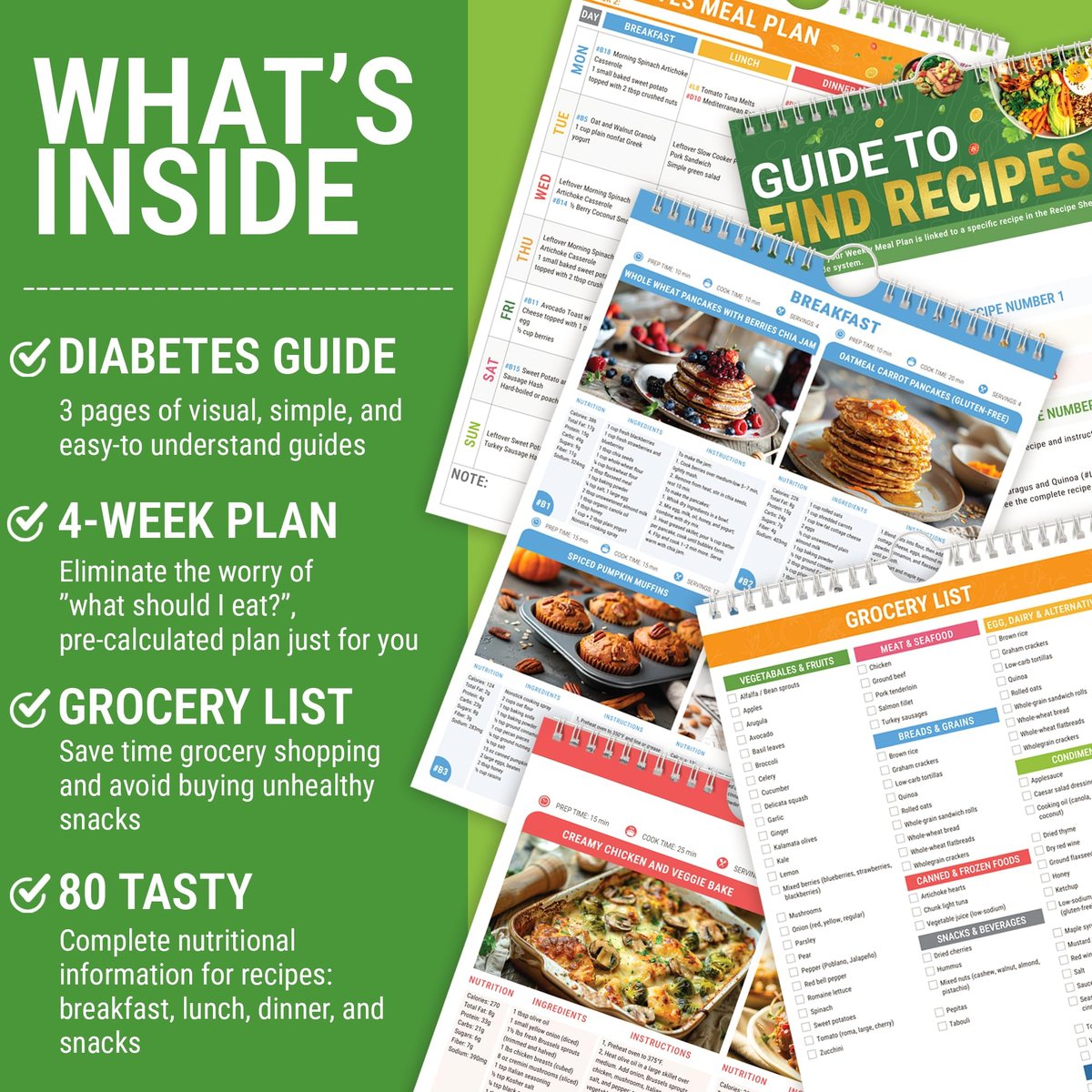 HAMIEW Diabetiker-Kochbuch für Anfänger – Einfach, Praktisch, Intelligent, Benutzerfreundlich – 4-Wochen-Ernährungsplan mit 80 Low-Carb-Rezepten, Typ-2-Diabetes-Lebensmitteltabelle, Einzigartiges Geschenk für Diabetiker