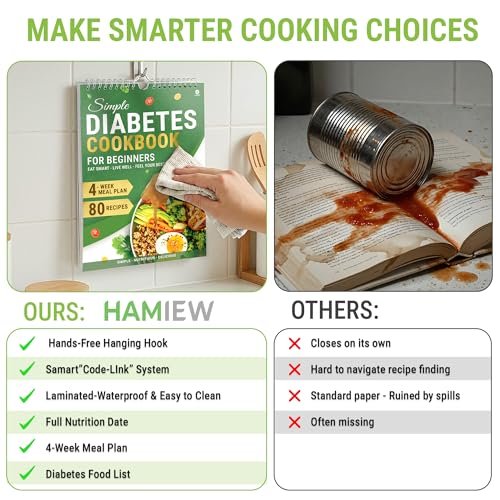 HAMIEW Diabetiker-Kochbuch für Anfänger – Einfach, Praktisch, Intelligent, Benutzerfreundlich – 4-Wochen-Ernährungsplan mit 80 Low-Carb-Rezepten, Typ-2-Diabetes-Lebensmitteltabelle, Einzigartiges Geschenk für Diabetiker