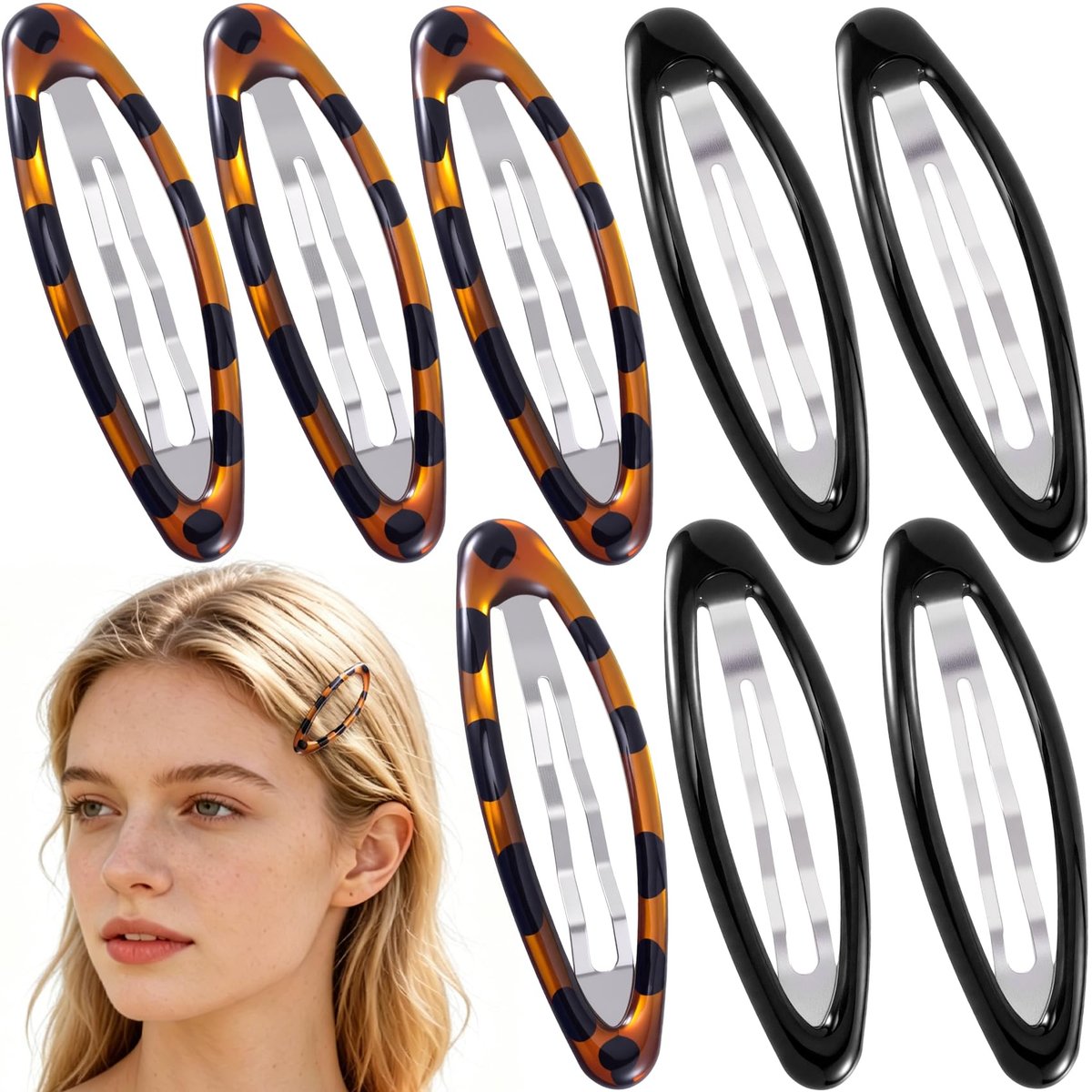 SmallCat 8 Stück Haarspangen aus Metall für Damen, Ovale große Haarspangen, kleine Haarclips, rutschfeste Haarspangen (Schwarz & Schildpatt)
