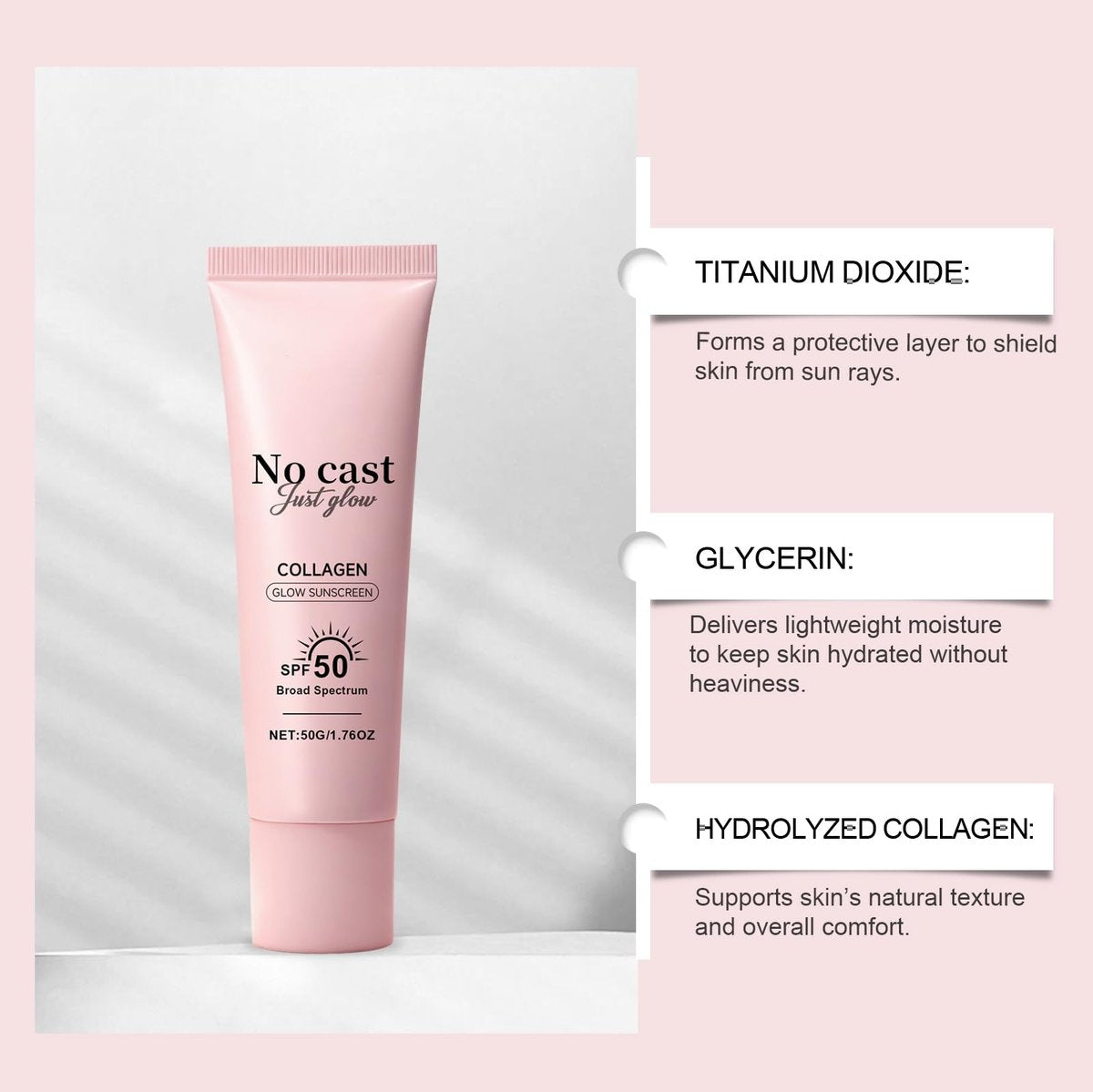 No Cast Just Glow Collagen Sonnenschutz SPF 50 PA++++ Gesichtssonnenschutz Leicht, Nicht klebrig, Ohne weißen Schimmer, Natürlicher Sonnenschutz mit Peptid, Centella, Hyaluronsäure