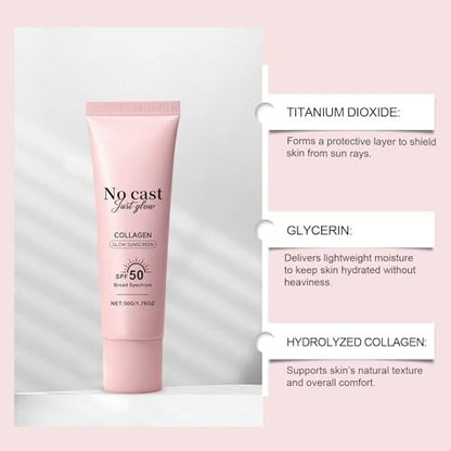 No Cast Just Glow Collagen Sonnenschutz SPF 50 PA++++ Gesichtssonnenschutz Leicht, Nicht klebrig, Ohne weißen Schimmer, Natürlicher Sonnenschutz mit Peptid, Centella, Hyaluronsäure