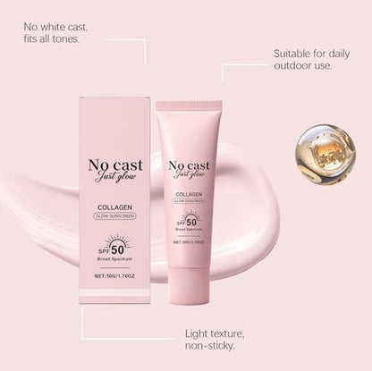 No Cast Just Glow Collagen Sonnenschutz SPF 50 PA++++ Gesichtssonnenschutz Leicht, Nicht klebrig, Ohne weißen Schimmer, Natürlicher Sonnenschutz mit Peptid, Centella, Hyaluronsäure