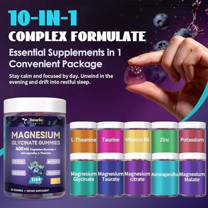 Magnesium Glycinat Gummibärchen 400mg – Magnesium Komplex mit Malat, Taurat & Citrat – Unterstützt Schlaf, Entspannung, Gehirn & Muskeln – 60 Stück Blaubeergeschmack (Zuckerfrei & Vegan)
