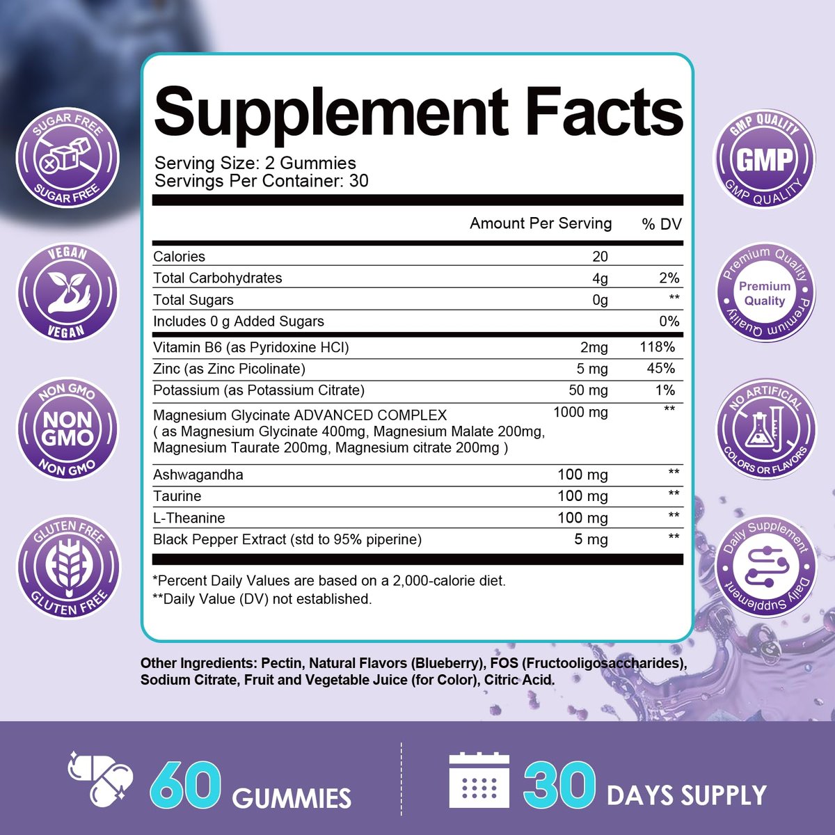 Magnesium Glycinat Gummibärchen 400mg – Magnesium Komplex mit Malat, Taurat & Citrat – Unterstützt Schlaf, Entspannung, Gehirn & Muskeln – 60 Stück Blaubeergeschmack (Zuckerfrei & Vegan)