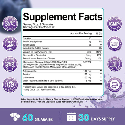 Magnesium Glycinat Gummibärchen 400mg – Magnesium Komplex mit Malat, Taurat & Citrat – Unterstützt Schlaf, Entspannung, Gehirn & Muskeln – 60 Stück Blaubeergeschmack (Zuckerfrei & Vegan)