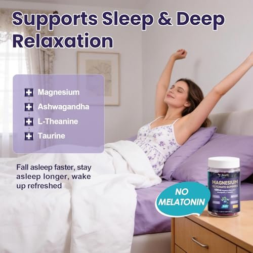Magnesium Glycinat Gummibärchen 400mg – Magnesium Komplex mit Malat, Taurat & Citrat – Unterstützt Schlaf, Entspannung, Gehirn & Muskeln – 60 Stück Blaubeergeschmack (Zuckerfrei & Vegan)