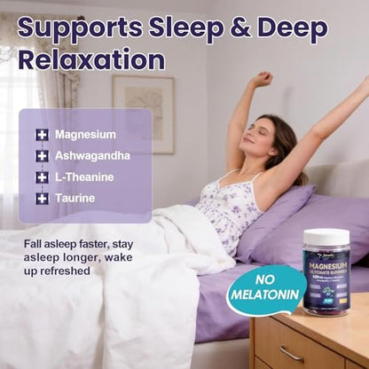 Magnesium Glycinat Gummibärchen 400mg – Magnesium Komplex mit Malat, Taurat & Citrat – Unterstützt Schlaf, Entspannung, Gehirn & Muskeln – 60 Stück Blaubeergeschmack (Zuckerfrei & Vegan)