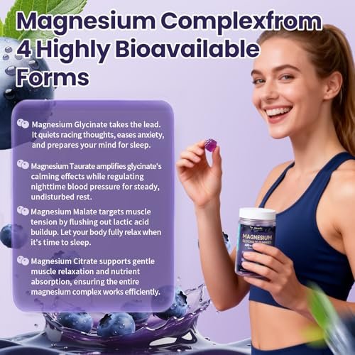 Magnesium Glycinat Gummibärchen 400mg – Magnesium Komplex mit Malat, Taurat & Citrat – Unterstützt Schlaf, Entspannung, Gehirn & Muskeln – 60 Stück Blaubeergeschmack (Zuckerfrei & Vegan)