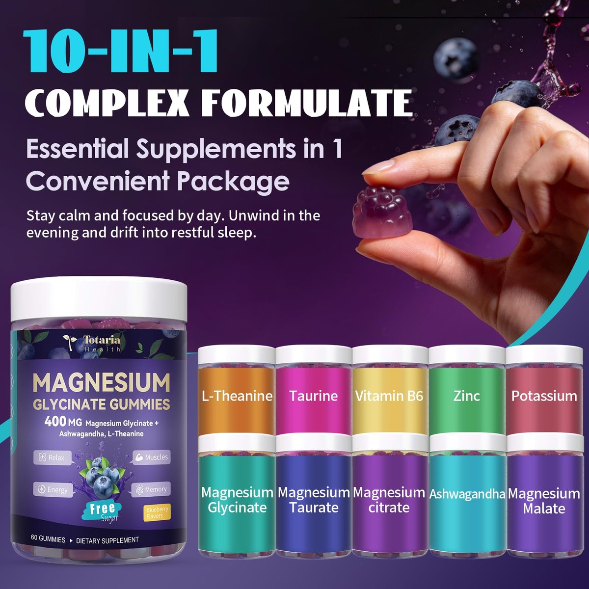 Magnesium Glycinat Gummibärchen 400mg – Magnesium Komplex mit Malat, Taurat & Citrat – Unterstützt Schlaf, Entspannung, Gehirn & Muskeln – 60 Stück Blaubeergeschmack (Zuckerfrei & Vegan)