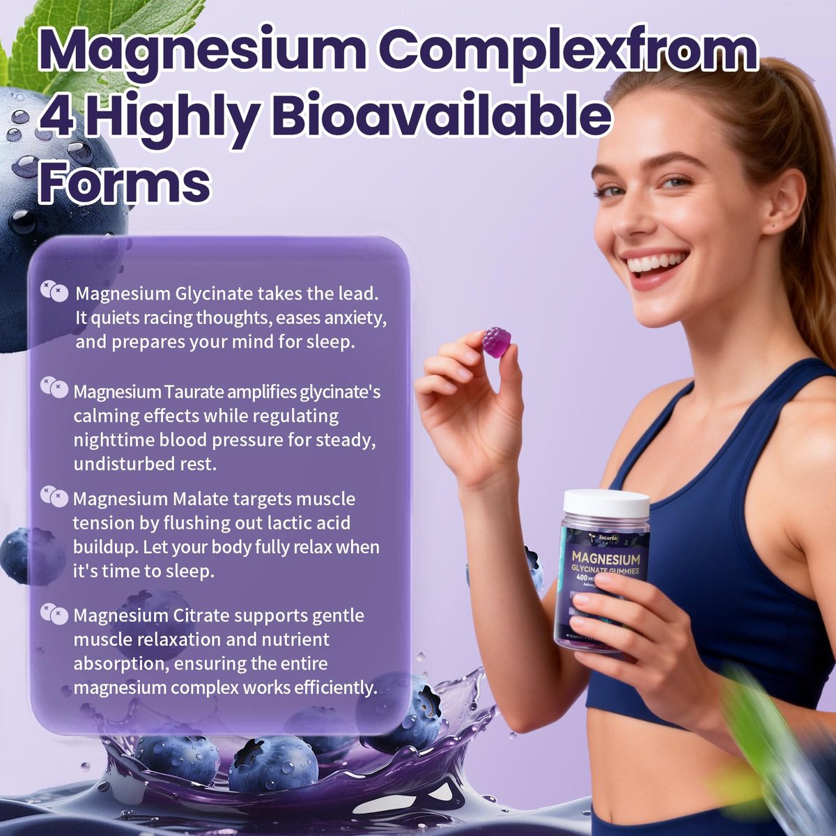Magnesium Glycinat Gummibärchen 400mg – Magnesium Komplex mit Malat, Taurat & Citrat – Unterstützt Schlaf, Entspannung, Gehirn & Muskeln – 60 Stück Blaubeergeschmack (Zuckerfrei & Vegan)