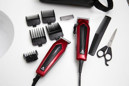 Andis 562940 Ultra Clip Haarschneide-Kombiset mit Trimmer, 15-teilig, Edelstahlklingen, Power Pivot Motor, Flüsterleise, Aufhängeöse, Rot