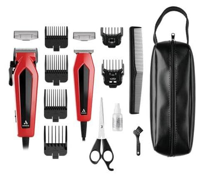 Andis 562940 Ultra Clip Haarschneide-Kombiset mit Trimmer, 15-teilig, Edelstahlklingen, Power Pivot Motor, Flüsterleise, Aufhängeöse, Rot
