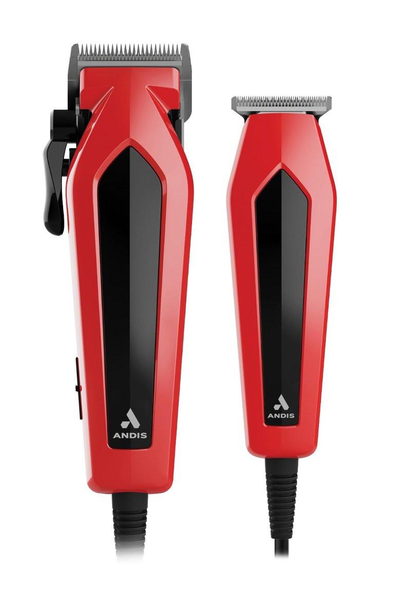 Andis 562940 Ultra Clip Haarschneide-Kombiset mit Trimmer, 15-teilig, Edelstahlklingen, Power Pivot Motor, Flüsterleise, Aufhängeöse, Rot