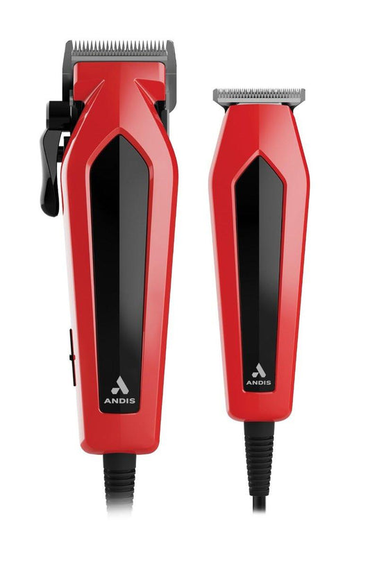 Andis 562940 Ultra Clip Haarschneide-Kombiset mit Trimmer, 15-teilig, Edelstahlklingen, Power Pivot Motor, Flüsterleise, Aufhängeöse, Rot