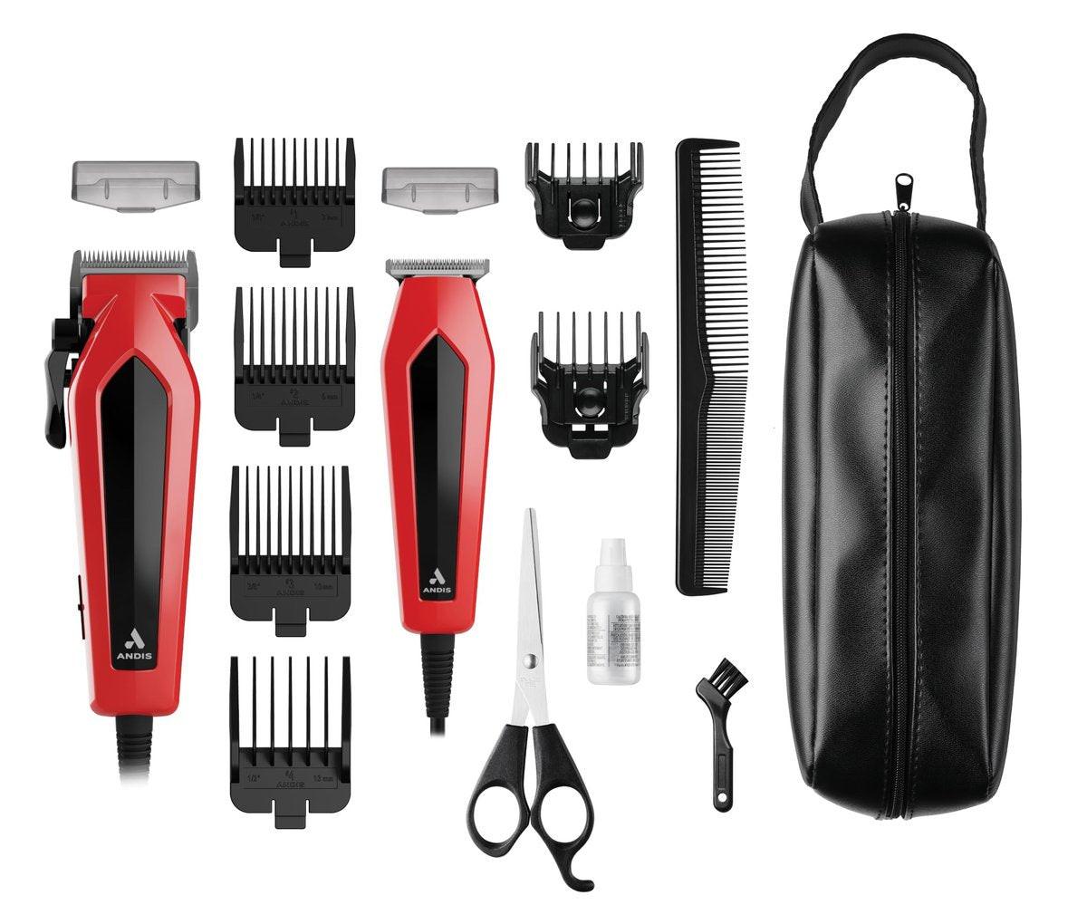 Andis 562940 Ultra Clip Haarschneide-Kombiset mit Trimmer, 15-teilig, Edelstahlklingen, Power Pivot Motor, Flüsterleise, Aufhängeöse, Rot