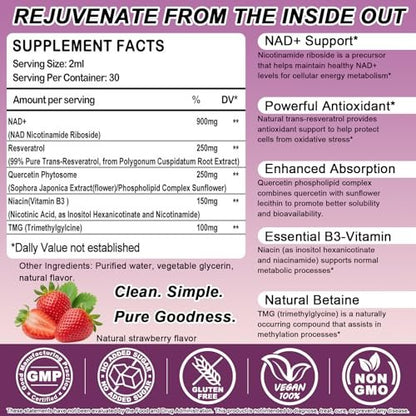 NAD+ Nahrungsergänzungsmittel für Männer und Frauen, Extra starke NMN-Alternative Liposomales Nad⁺ Supplement mit Resveratrol Quercetin für zelluläre Energie und NAD+ Spiegel, Schnelle Absorption Flüssiges NAD Plus | NON-GMO, 2 Fl Oz