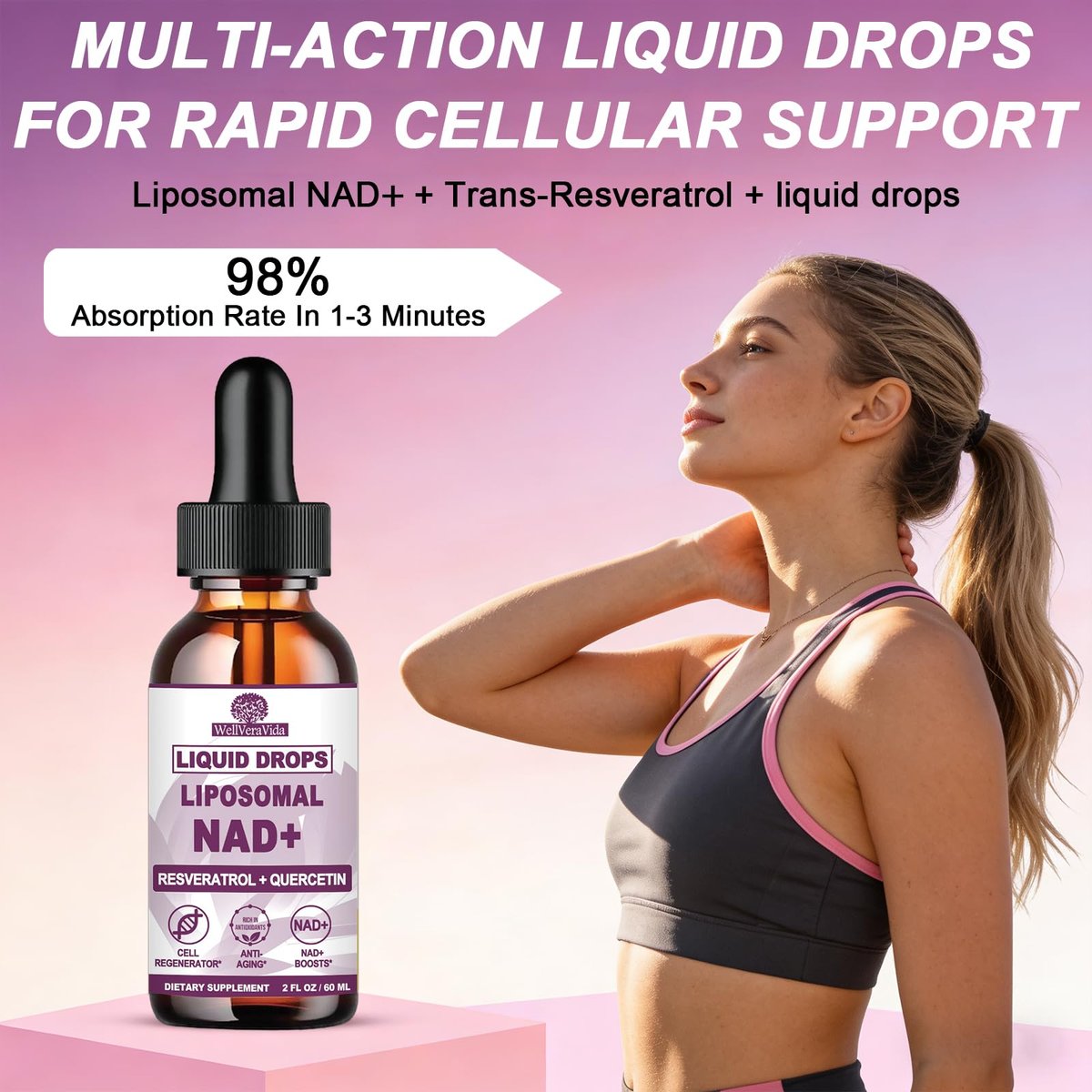NAD+ Nahrungsergänzungsmittel für Männer und Frauen, Extra starke NMN-Alternative Liposomales Nad⁺ Supplement mit Resveratrol Quercetin für zelluläre Energie und NAD+ Spiegel, Schnelle Absorption Flüssiges NAD Plus | NON-GMO, 2 Fl Oz